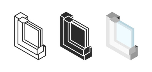 Cross section window profile icon. Triple glazed window pane PVC profile symbol. Plastic frame structure isometric illustration. Classic white framework three-dimensional construction 3d concept