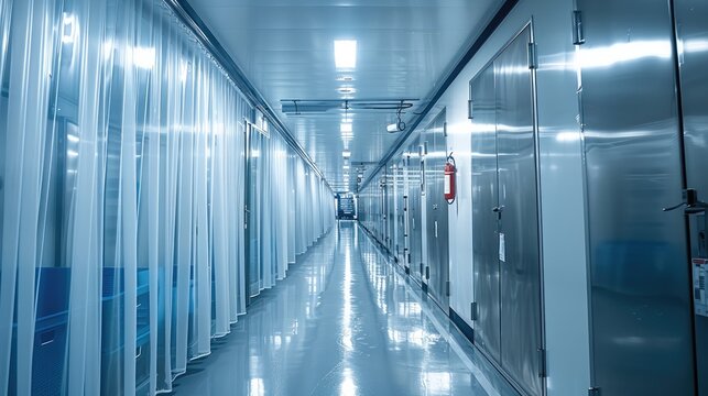 A PVC Strip Curtains in the freezer room, Curtain of food Industrial warehouse. Generative AI.