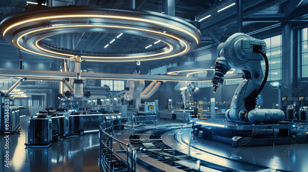 Poster smart factory scene highlighting futuristic industrial innovation with automated systems and robotic