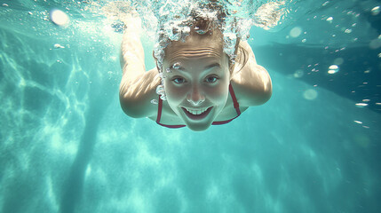 Fototapeta premium Young person swimming underwater in a pool.
