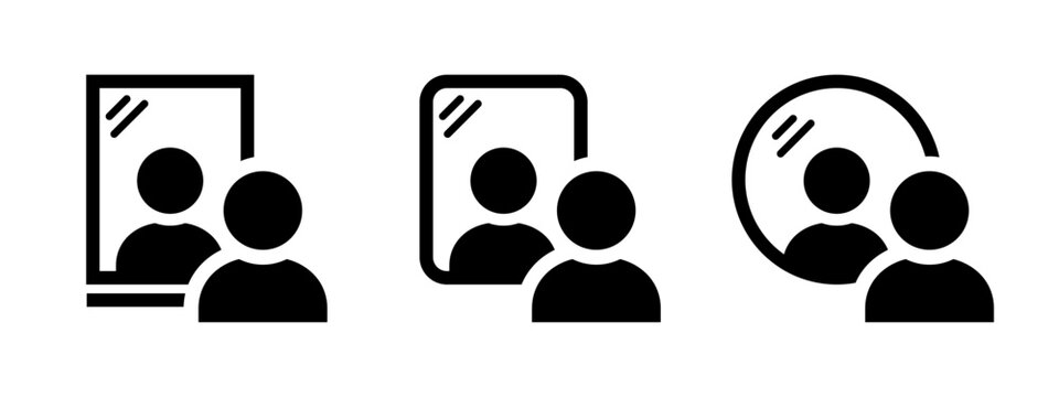 Mirror looking icon. Man look at the mirror vector illustration. Person standing in front of reflection sign. Mirror image concept.