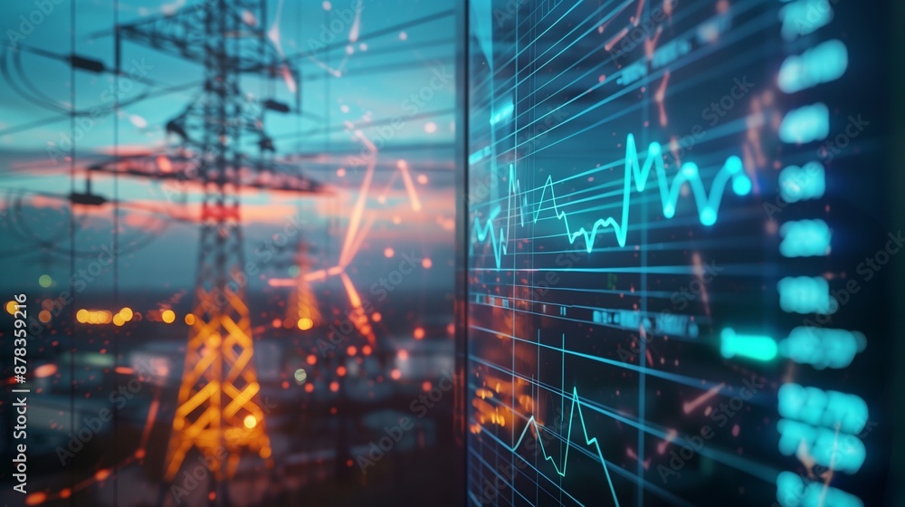 Poster high-tech power grid interface displaying data analysis and price graphs, showcasing energy consumpt