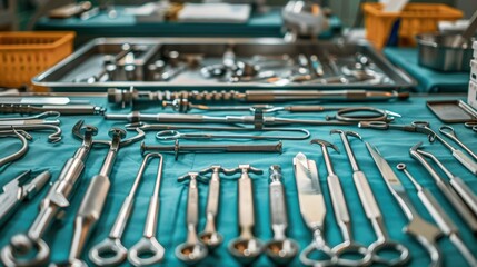 Sterile surgical tools arranged neatly in a hospital operating room