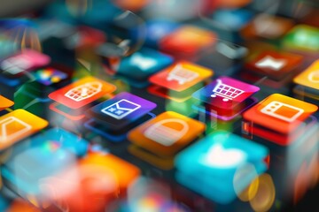 Close-up of shopping icons displayed on a high-resolution smartphone screen with a vibrant online store interface reflected in the glass.