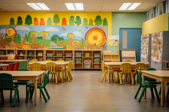 Colorful classroom with empty tables, vibrant mural, and child-friendly decor for learning
