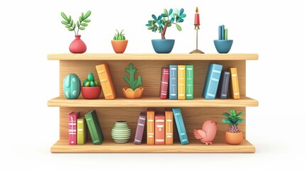 3D rendering of a wooden bookshelf with books, plants and other knick-knacks.