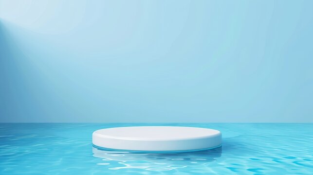 Minimalist blue background featuring a round white podium in clear water, perfect for product display or background uses.