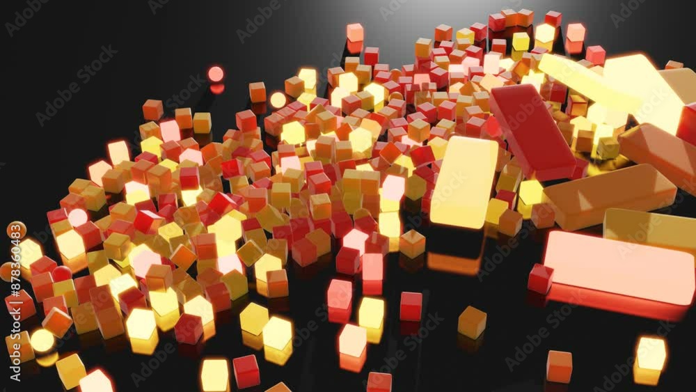 Poster abstract garland of multicolored glow cubes lay on plane. 3d render abstract looped christmas backgr