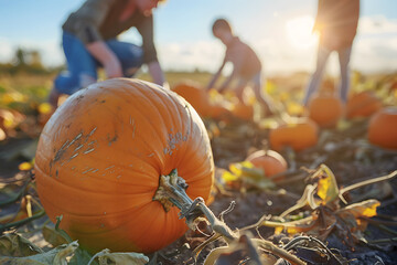 People picking pumpkins in a sunny field