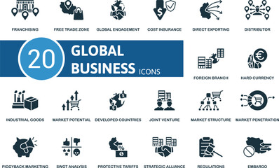 Global Business icon set. Franchising, Free Trade Zone, Global Engagement, Cost Insurance, Direct Exporting, Distributor, Foreign Branch, Hard Currency, Industrial Goods, Market Potential icons and