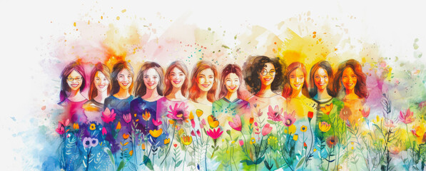 Naklejka premium Watercolor illustration of smiling women standing in a garden of flowers