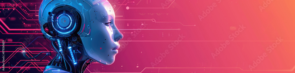 Poster a robot head with a blue and white design is shown in profile, with circuit boards and lines in the 