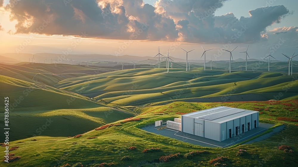 Poster An aerial view of a battery energy storage system with a substation in a green landscape and windmills in the background. Generative AI.