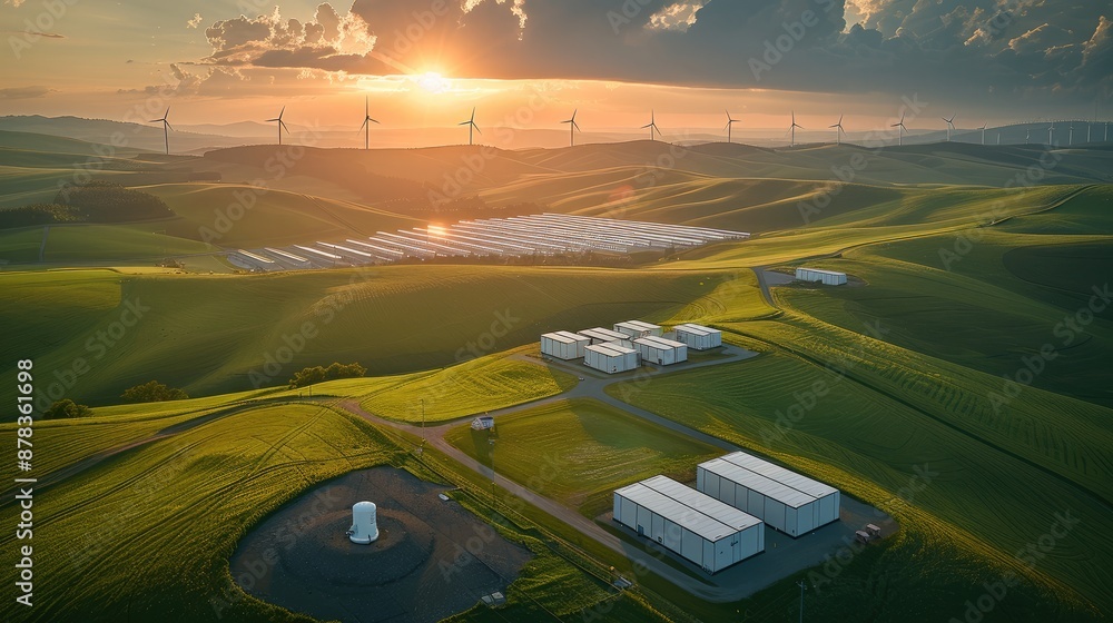 Poster An aerial view of a battery energy storage system with a substation in a green landscape and windmills in the background. Generative AI.