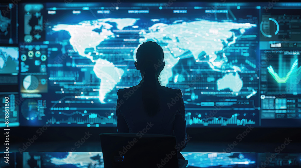 Poster a woman sits in front of a large screen displaying a world map and various data visualizations