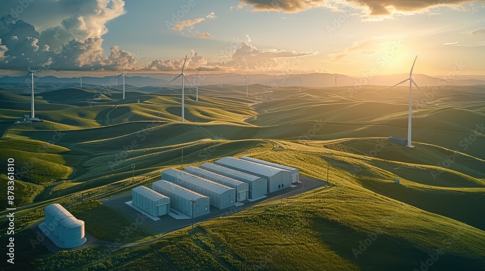 Poster An aerial view of a battery energy storage system with a substation in a green landscape and windmills in the background. Generative AI.