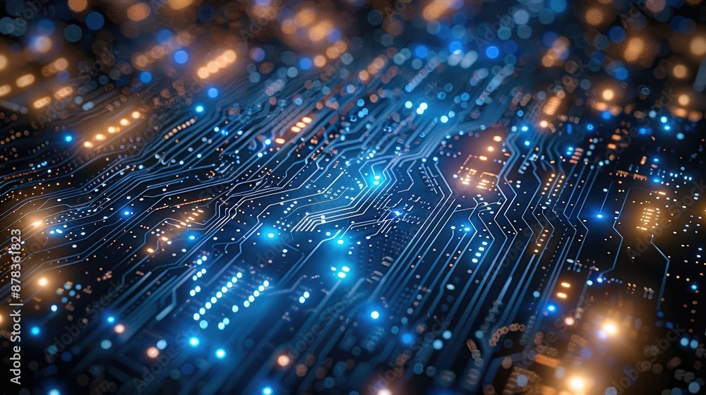 Aufkleber a chip made of shining lights in outer space. colors bright blue. generative ai.