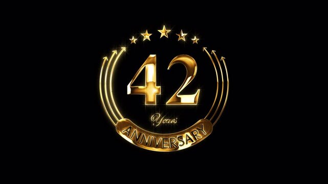 Happy 42nd Anniversary Celebration. Golden 42 Years Anniversary Animation in Gold Color on the Transparent Background, Alpha Channel. Great for greetings, celebrations, events, and gifts.
