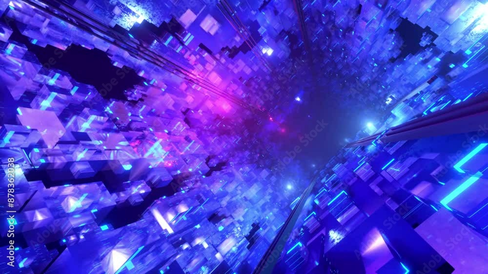 Poster flight through hi-tech technology tunnel with camera shake. neon light and mist, sci-fi construction