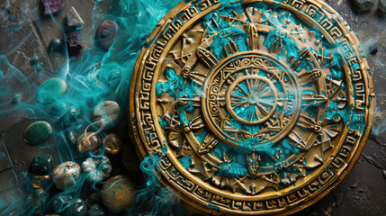 Obraz premium A detailed gold Aztec calendar with intricate carvings, surrounded by teal smoke and various gems