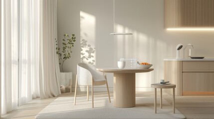 A minimalist dining area with an integrated virtual assistant for meal planning and a smart table that tracks nutrition intake