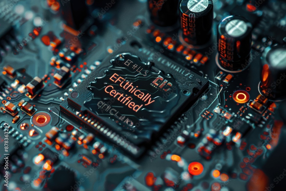 Poster explore a detailed view of an ethically certified tech chip embedded in a vibrant circuit board patt