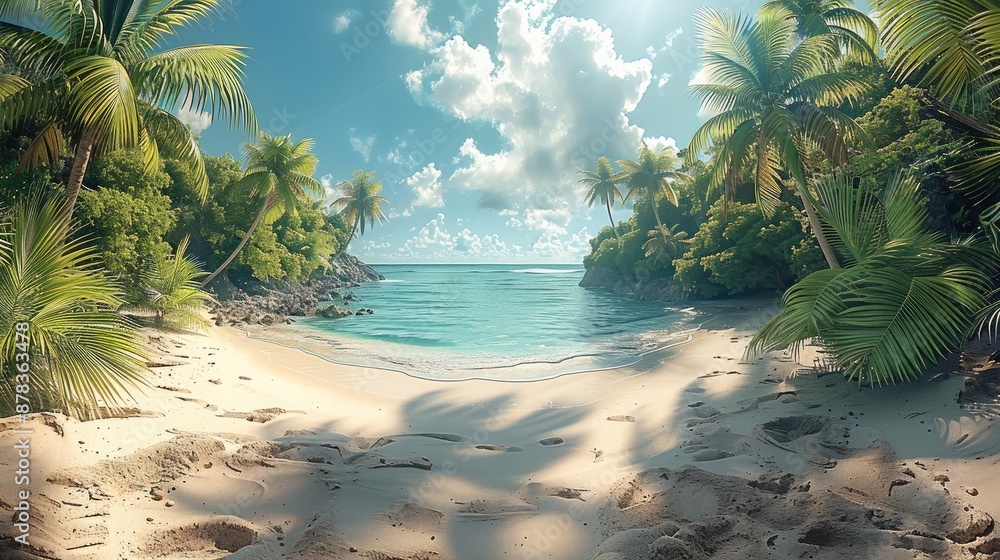 Poster scenic tropical island view with lush greenery and white sands. generative ai.
