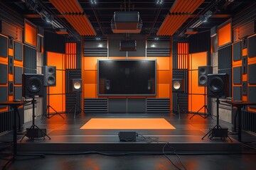 Modern podcasting studio background with sleek design and professional setup. Ideal for media and broadcasting themes.