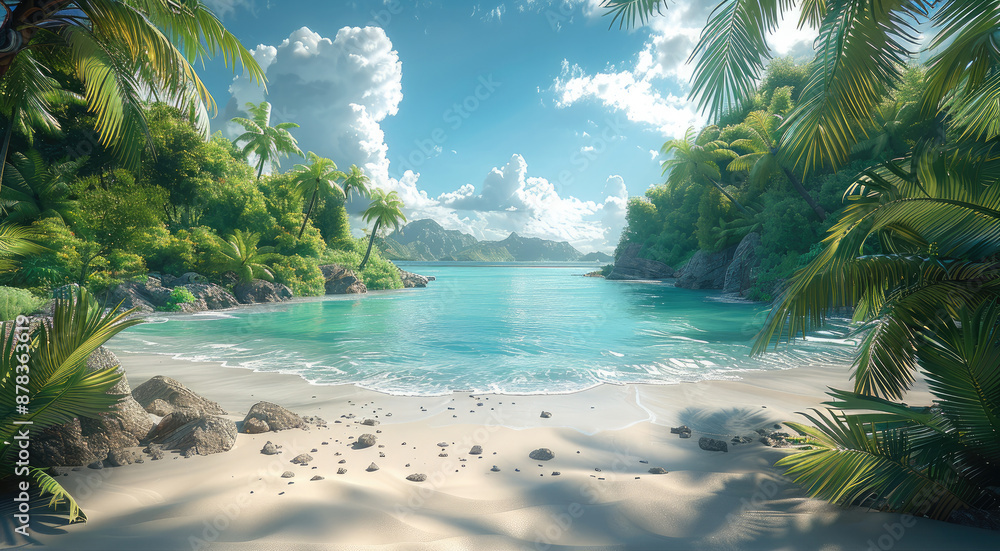 Poster scenic tropical island view with lush greenery and white sands. generative ai.