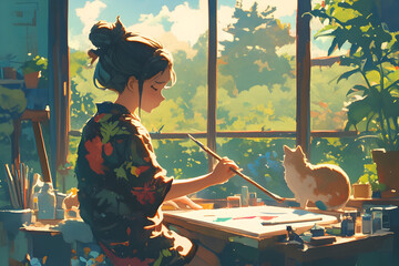 LoFi Girl painting a mural on a canvas with a peaceful garden view outside the window, surrounded by neatly organized art supplies. Anime style, Cozy vibes