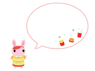 ハンバーガーショップ店員のウサギ　吹き出し＋装飾付