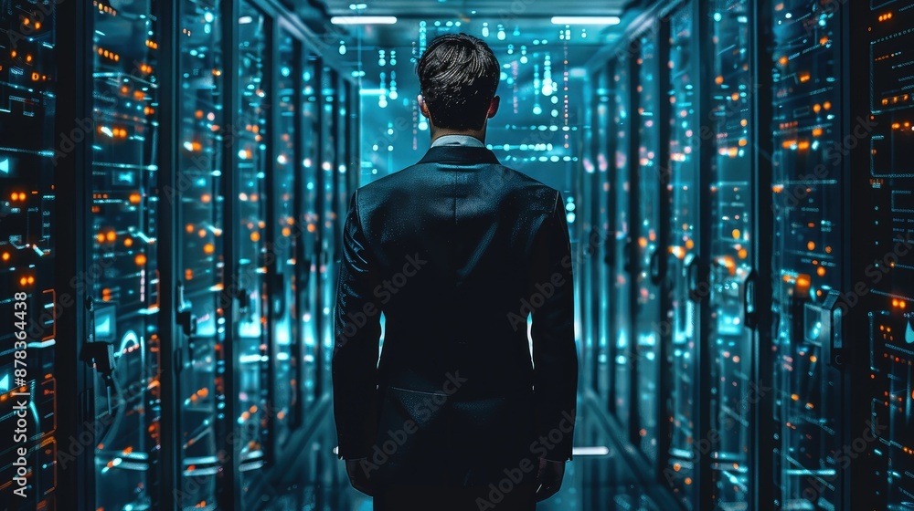 Poster cybersecurity businessman wearing black suit teams, working on data control center with artificial i