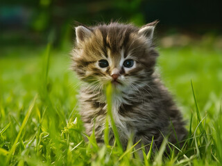Little fluffy gray tabby kitten sits on the green grassay fluffy tabby kitten