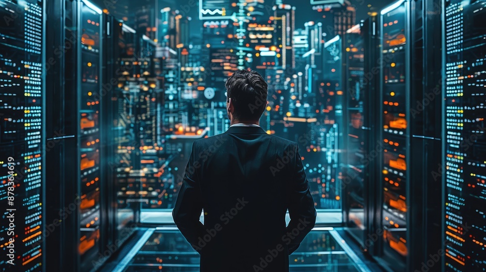 Poster cybersecurity businessman wearing black suit teams, working on data control center with artificial i