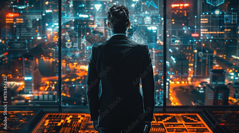 Poster cybersecurity businessman wearing black suit teams, working on data control center with artificial i
