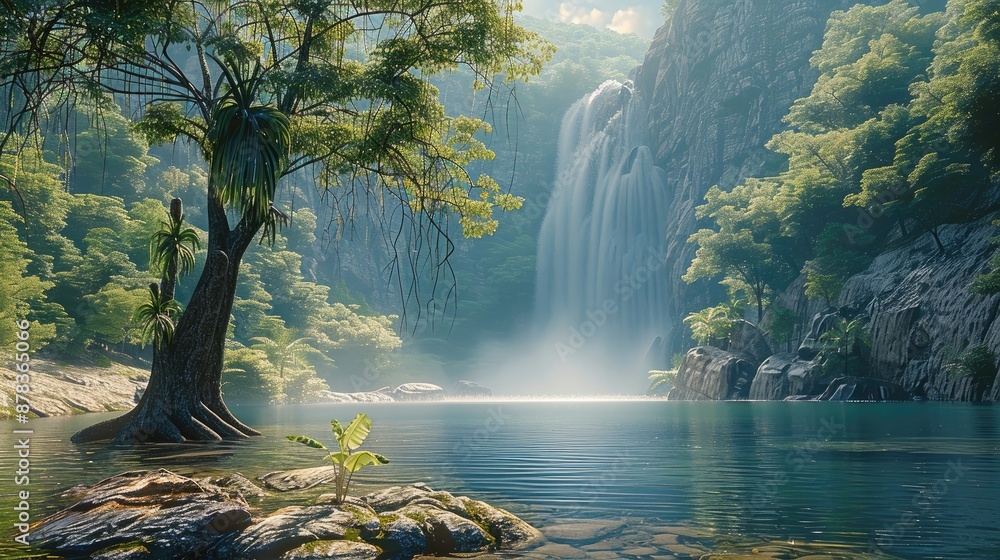 Poster A river with a large rock in front plane leaning on a small tree in the water, further away in the distance is a waterfall. Generative AI.