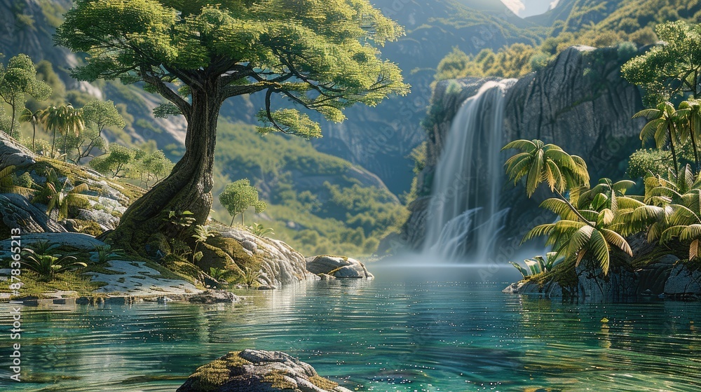 Poster A river with a large rock in front plane leaning on a small tree in the water, further away in the distance is a waterfall. Generative AI.