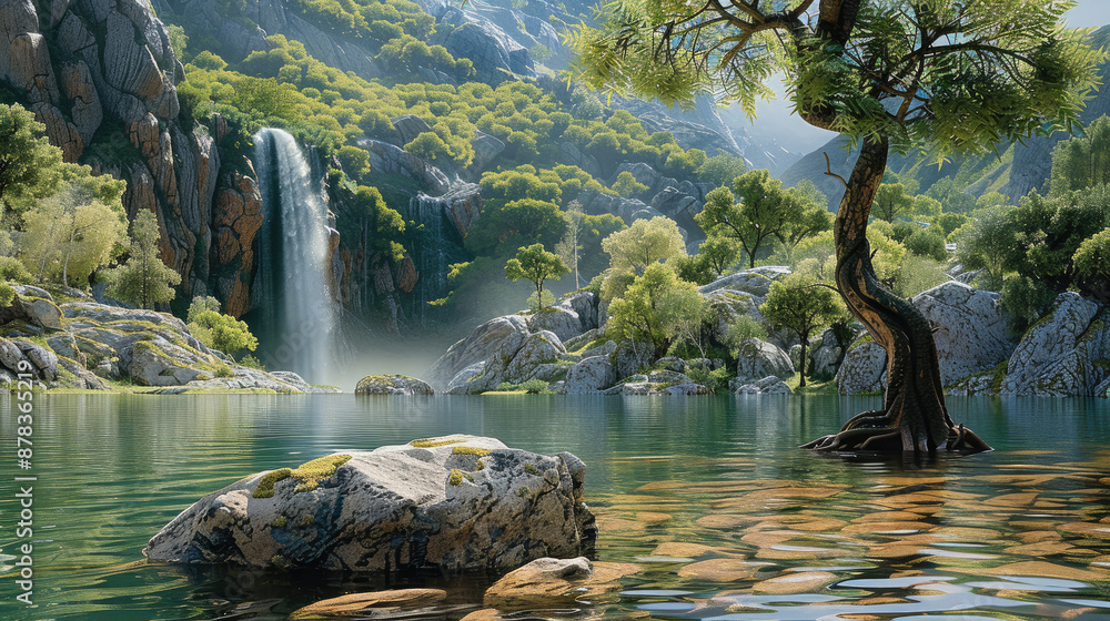 Poster A river with a large rock in front plane leaning on a small tree in the water, further away in the distance is a waterfall. Generative AI.