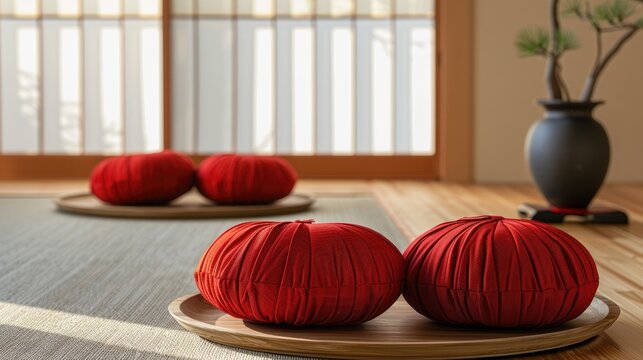 Traditional Japanese red Otedama bean bags displayed on wooden plate with Tatami flooring in background