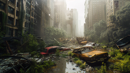Crumbling Skyscrapers and Rusted Vehicles in a Post Apocalyptic Landscape