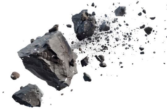 Realistic swarms of asteroids (meteors) with sci-fi or futuristic aesthetics. Isolated on white background.