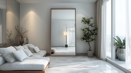 Minimalist living room, retro walnut solid wood rectangular floor to ceiling dressing mirror with transparent mirror surface. Generative AI.