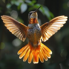 Obraz premium Stunning image of a golden-hued hummingbird in mid-flight, wings outspread, basking in warm sunlight against a blurred natural background.