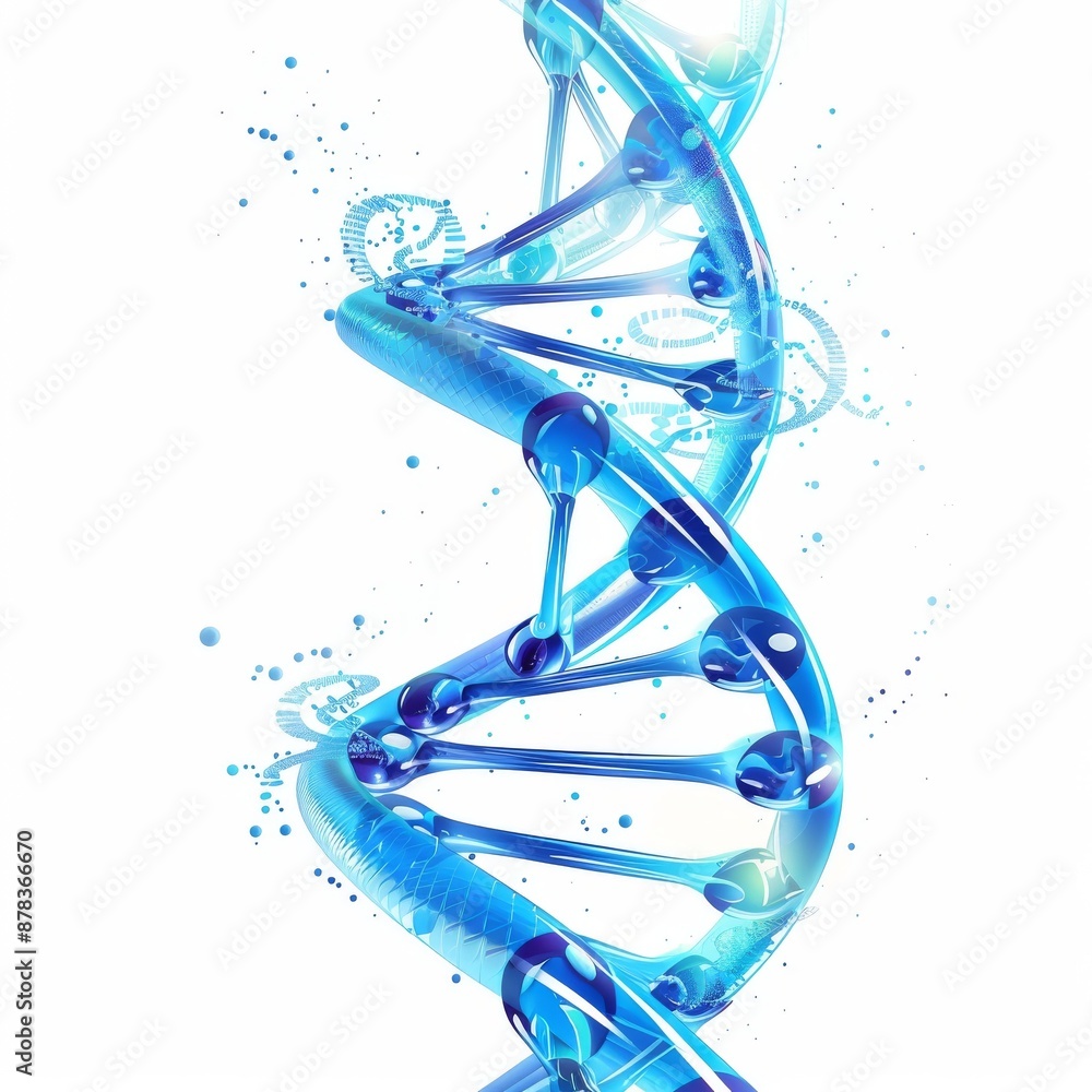 Poster a 3d rendering of a blue dna double helix with water droplets. the image is isolated on a white back