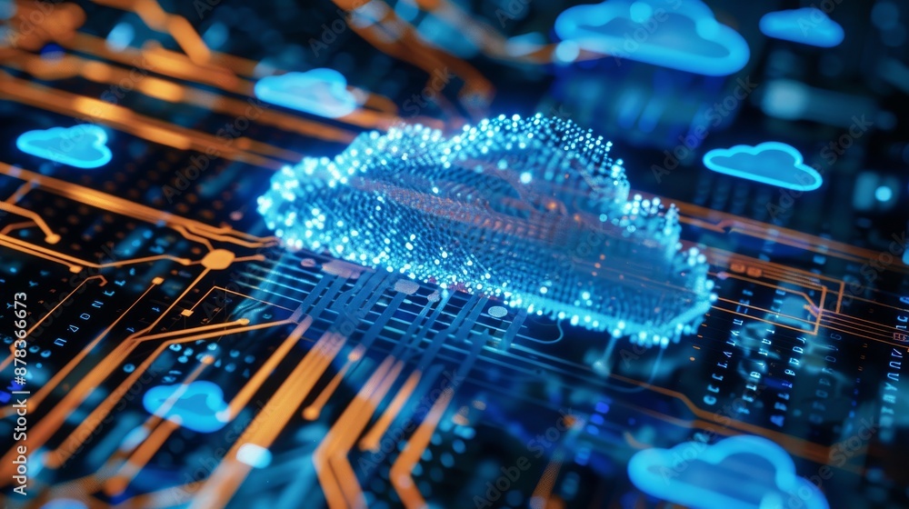 Poster a 3d rendering of a cloud computing concept with a cloud symbol over a circuit board.