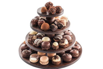 Neatly arranged chocolate desserts and macarons are displayed on separate tiered shelves against a white background.