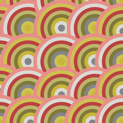 Seamless Japanese wave pattern in orange and green circles folded into scales for modern fabrics, wrapping paper decorative pillows. 