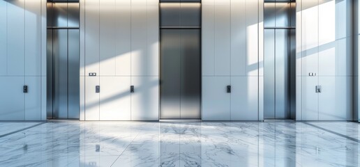 Sleek elevator wall with polished metal panels and a clean marble floor, background. 