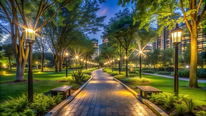 Fototapeta premium Illuminated park pathway amidst lush greenery and towering buildings