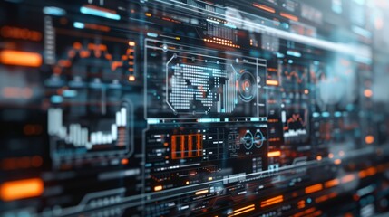 futuristic computer screen displaying a vast amount of data, such as lines of code, charts, and graphs